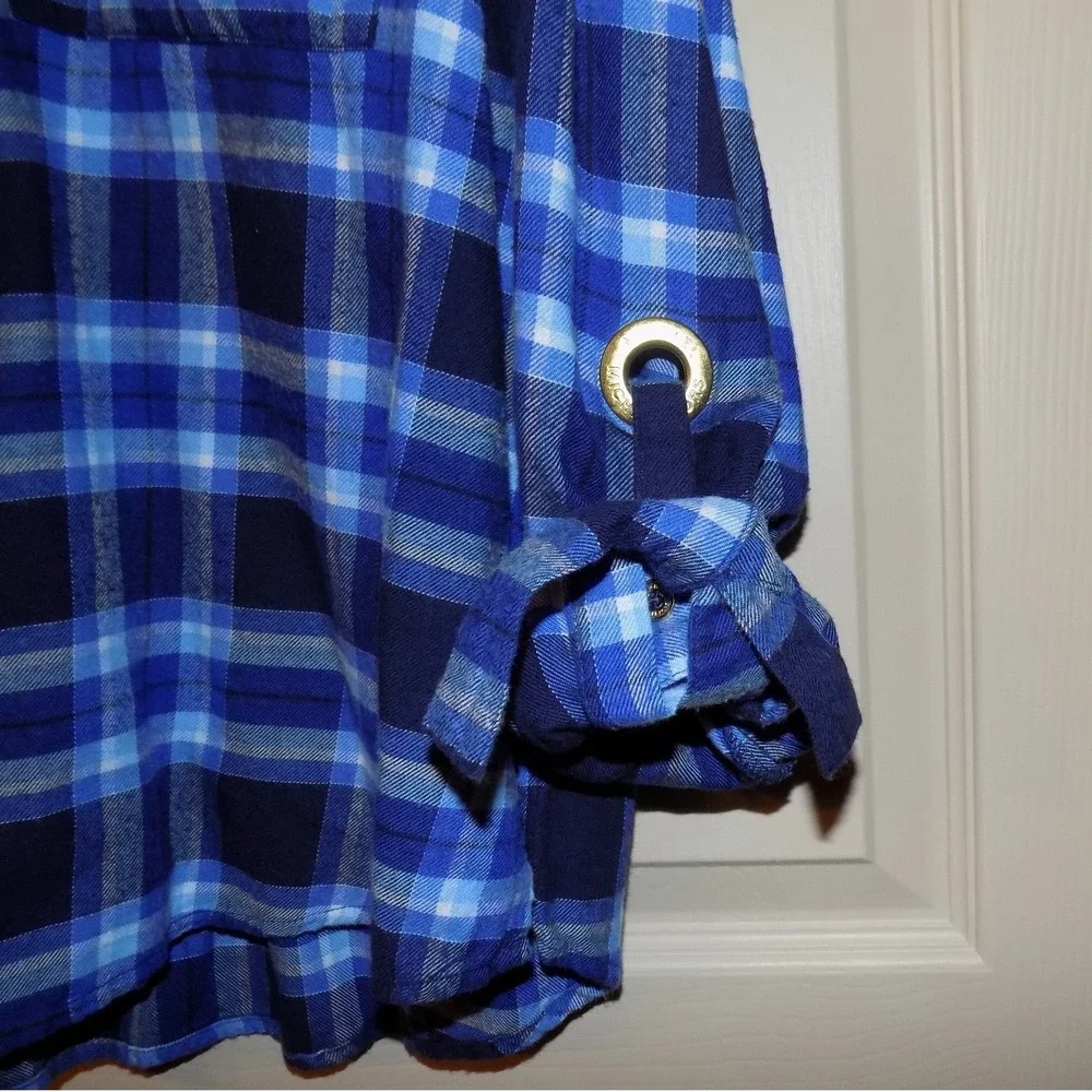 Michael Kors Plaid Tunic Women‎ Size L Blue Half Zip Roll Tab Sleeve Excellent